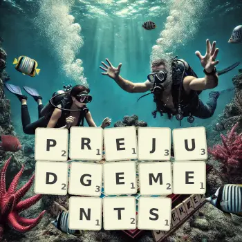 Creative illustration for a Scrabble game with the word PREJUDGEMENTS spelled out in tiles on the board.