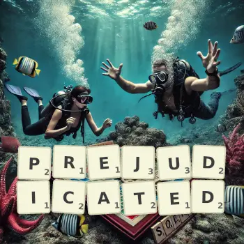 Creative illustration for a Scrabble game with the word PREJUDICATED spelled out in tiles on the board.