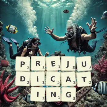 Creative illustration for a Scrabble game with the word PREJUDICATING spelled out in tiles on the board.