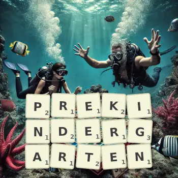 Creative illustration for a Scrabble game with the word PREKINDERGARTEN spelled out in tiles on the board.