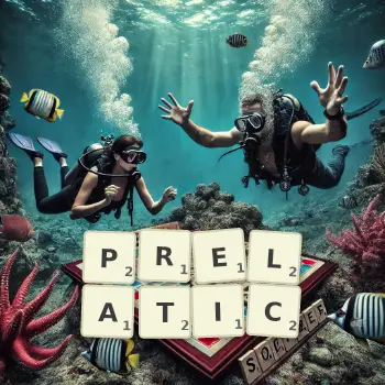 Creative illustration for a Scrabble game with the word PRELATIC spelled out in tiles on the board.