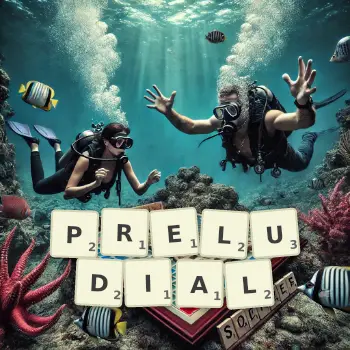 Creative illustration for a Scrabble game with the word PRELUDIAL spelled out in tiles on the board.