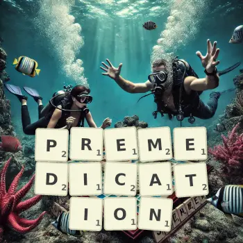 Creative illustration for a Scrabble game with the word PREMEDICATION spelled out in tiles on the board.