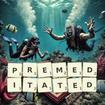 Creative illustration for a Scrabble game with the word PREMEDITATED spelled out in tiles on the board.