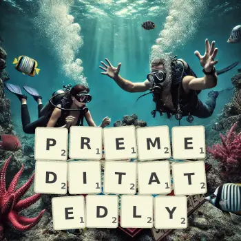 Creative illustration for a Scrabble game with the word PREMEDITATEDLY spelled out in tiles on the board.