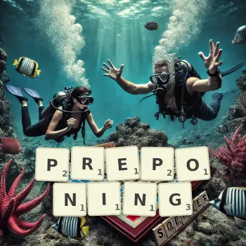 Creative illustration for a Scrabble game with the word PREPONING spelled out in tiles on the board.