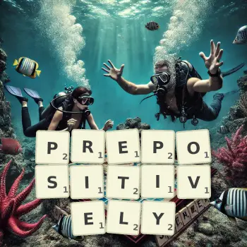 Creative illustration for a Scrabble game with the word PREPOSITIVELY spelled out in tiles on the board.