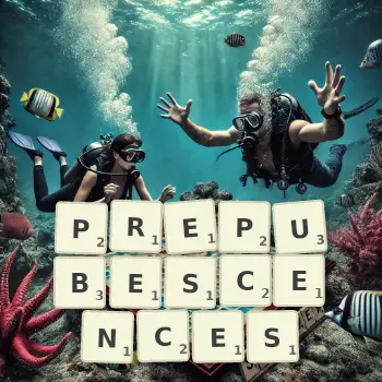 Creative illustration for a Scrabble game with the word PREPUBESCENCES spelled out in tiles on the board.