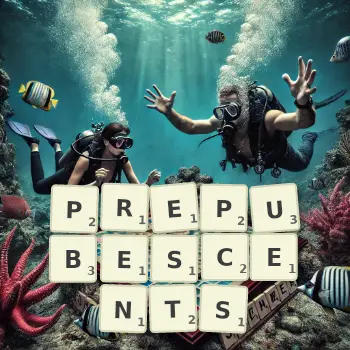 Creative illustration for a Scrabble game with the word PREPUBESCENTS spelled out in tiles on the board.