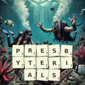 Creative illustration for a Scrabble game with the word PRESBYTERIALS spelled out in tiles on the board.