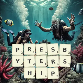 Creative illustration for a Scrabble game with the word PRESBYTERSHIP spelled out in tiles on the board.