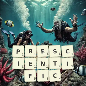 Creative illustration for a Scrabble game with the word PRESCIENTIFIC spelled out in tiles on the board.