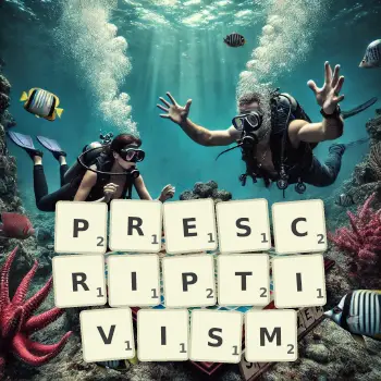 Creative illustration for a Scrabble game with the word PRESCRIPTIVISM spelled out in tiles on the board.