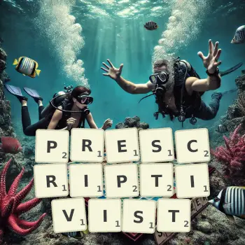 Creative illustration for a Scrabble game with the word PRESCRIPTIVIST spelled out in tiles on the board.