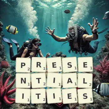 Creative illustration for a Scrabble game with the word PRESENTIALITIES spelled out in tiles on the board.