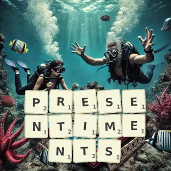 Creative illustration for a Scrabble game with the word PRESENTIMENTS spelled out in tiles on the board.