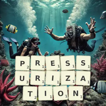 Creative illustration for a Scrabble game with the word PRESSURIZATION spelled out in tiles on the board.