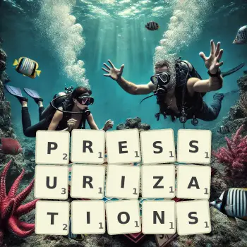 Creative illustration for a Scrabble game with the word PRESSURIZATIONS spelled out in tiles on the board.