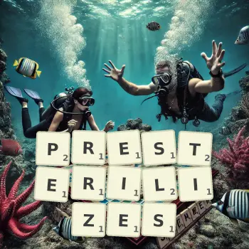 Creative illustration for a Scrabble game with the word PRESTERILIZES spelled out in tiles on the board.