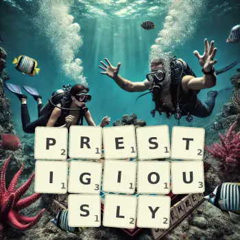 Creative illustration for a Scrabble game with the word PRESTIGIOUSLY spelled out in tiles on the board.