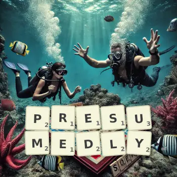Creative illustration for a Scrabble game with the word PRESUMEDLY spelled out in tiles on the board.