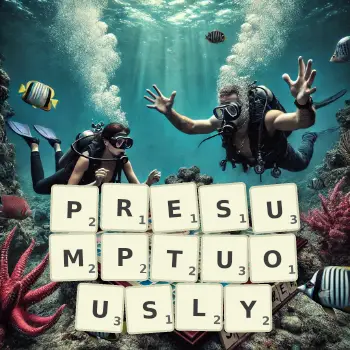 Creative illustration for a Scrabble game with the word PRESUMPTUOUSLY spelled out in tiles on the board.
