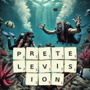 Creative illustration for a Scrabble game with the word PRETELEVISION spelled out in tiles on the board.
