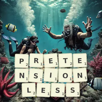 Creative illustration for a Scrabble game with the word PRETENSIONLESS spelled out in tiles on the board.