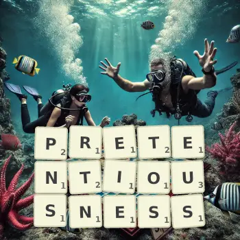 Creative illustration for a Scrabble game with the word PRETENTIOUSNESS spelled out in tiles on the board.