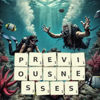 Creative illustration for a Scrabble game with the word PREVIOUSNESSES spelled out in tiles on the board.