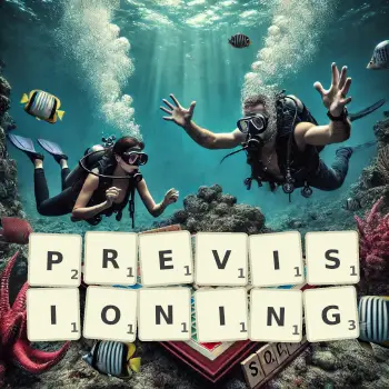 Creative illustration for a Scrabble game with the word PREVISIONING spelled out in tiles on the board.