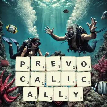 Creative illustration for a Scrabble game with the word PREVOCALICALLY spelled out in tiles on the board.