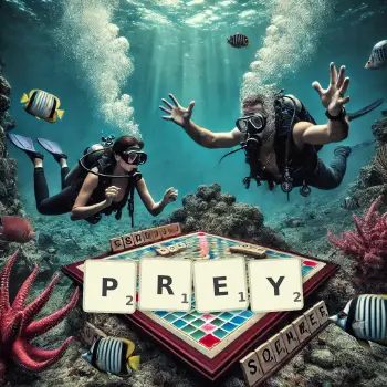 Creative illustration for a Scrabble game with the word PREY spelled out in tiles on the board.