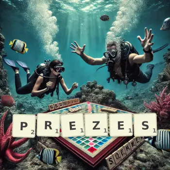 Creative illustration for a Scrabble game with the word PREZES spelled out in tiles on the board.