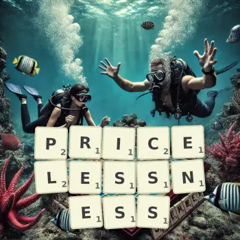 Creative illustration for a Scrabble game with the word PRICELESSNESS spelled out in tiles on the board.