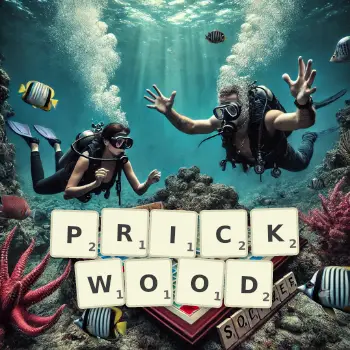Creative illustration for a Scrabble game with the word PRICKWOOD spelled out in tiles on the board.
