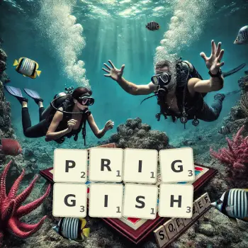 Creative illustration for a Scrabble game with the word PRIGGISH spelled out in tiles on the board.