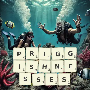 Creative illustration for a Scrabble game with the word PRIGGISHNESSES spelled out in tiles on the board.
