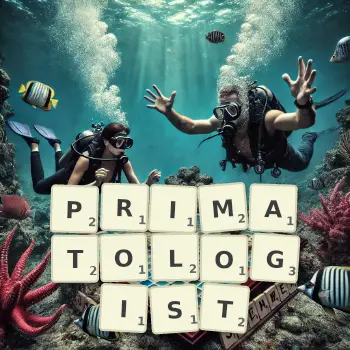 Creative illustration for a Scrabble game with the word PRIMATOLOGIST spelled out in tiles on the board.