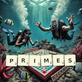 Creative illustration for a Scrabble game with the word PRIMES spelled out in tiles on the board.