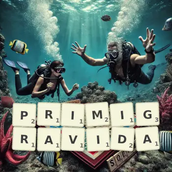 Creative illustration for a Scrabble game with the word PRIMIGRAVIDA spelled out in tiles on the board.