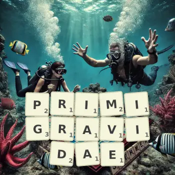 Creative illustration for a Scrabble game with the word PRIMIGRAVIDAE spelled out in tiles on the board.