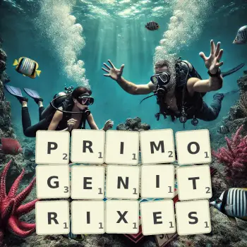 Creative illustration for a Scrabble game with the word PRIMOGENITRIXES spelled out in tiles on the board.