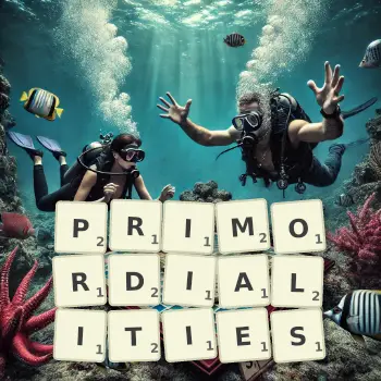 Creative illustration for a Scrabble game with the word PRIMORDIALITIES spelled out in tiles on the board.
