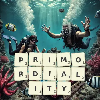 Creative illustration for a Scrabble game with the word PRIMORDIALITY spelled out in tiles on the board.