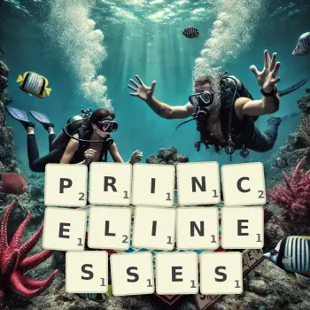 Creative illustration for a Scrabble game with the word PRINCELINESSES spelled out in tiles on the board.