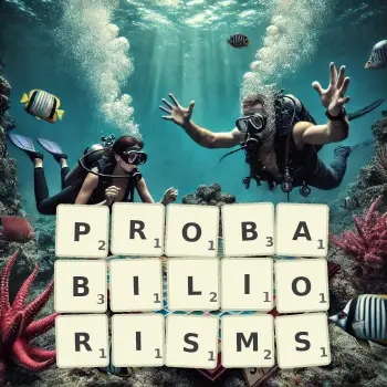 Creative illustration for a Scrabble game with the word PROBABILIORISMS spelled out in tiles on the board.
