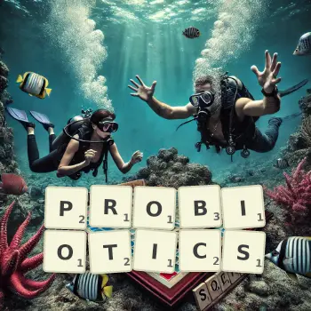 Creative illustration for a Scrabble game with the word PROBIOTICS spelled out in tiles on the board.