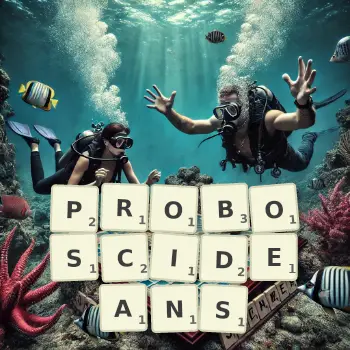 Creative illustration for a Scrabble game with the word PROBOSCIDEANS spelled out in tiles on the board.