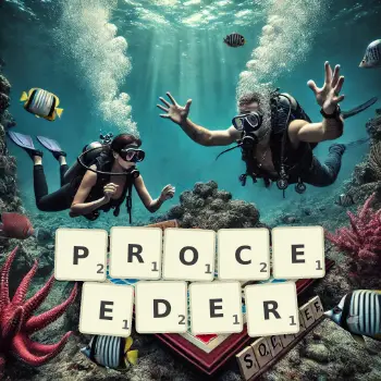 Creative illustration for a Scrabble game with the word PROCEEDER spelled out in tiles on the board.